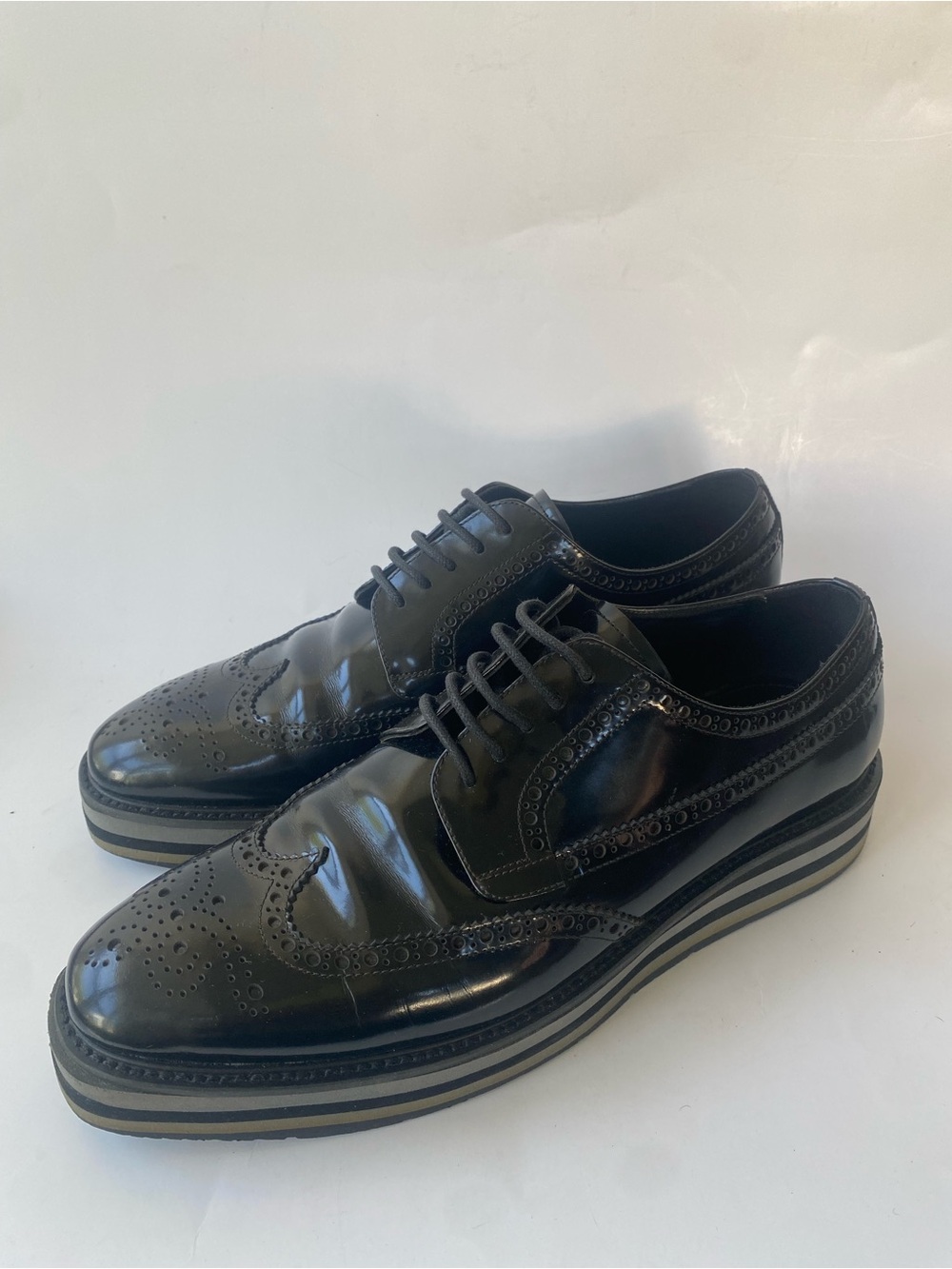 Prada Mens Black Wingtip Derby with Striped Platform Sole Patent Leather